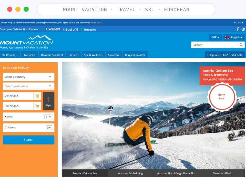 Homepage of Mount Vacation, a Travel · Ski · European business, shown in a browser window