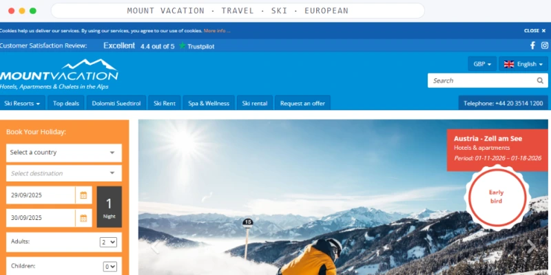 Homepage of Mount Vacation, a Travel · Ski · European business, shown in a browser window