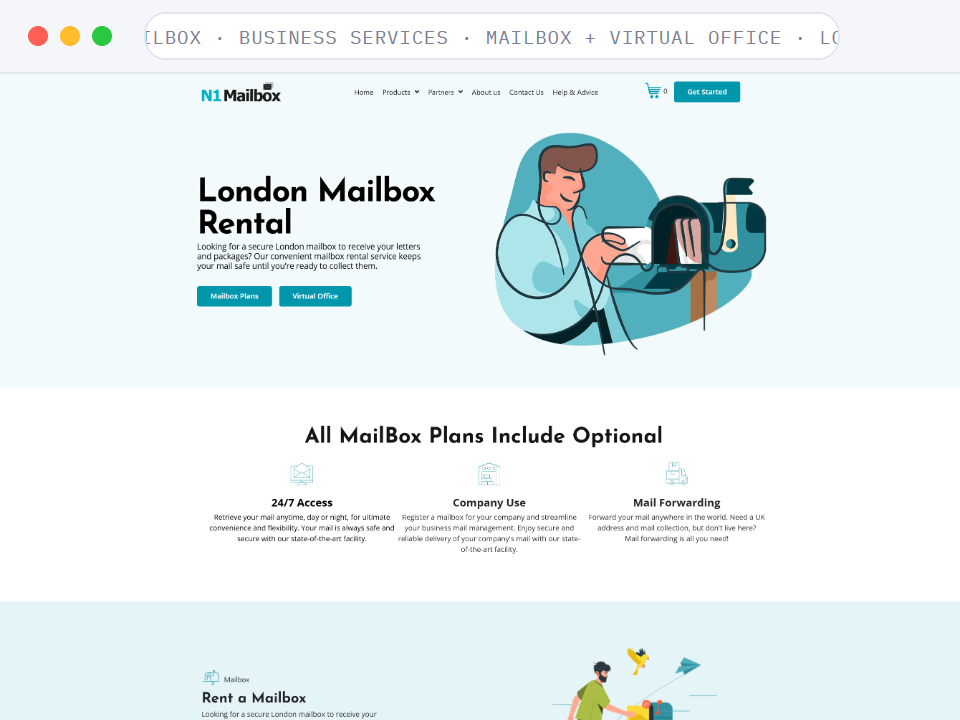 Homepage of N1Mailbox, a Business Services · Mailbox + Virtual Office · London business, shown in a browser window