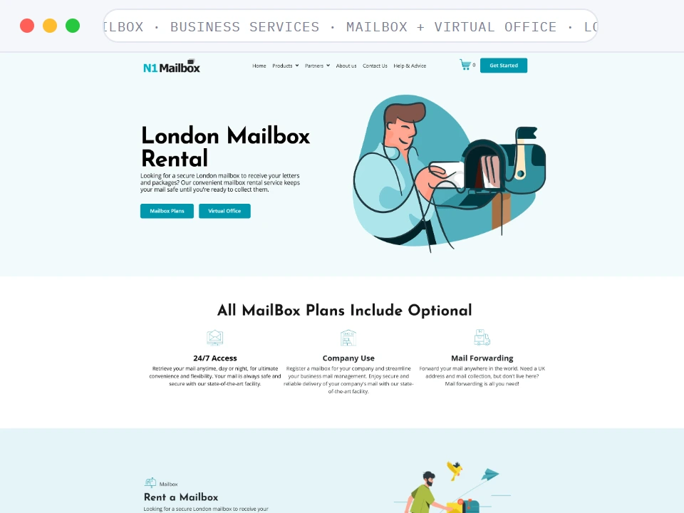 Homepage of N1Mailbox, a Business Services · Mailbox + Virtual Office · London business, shown in a browser window