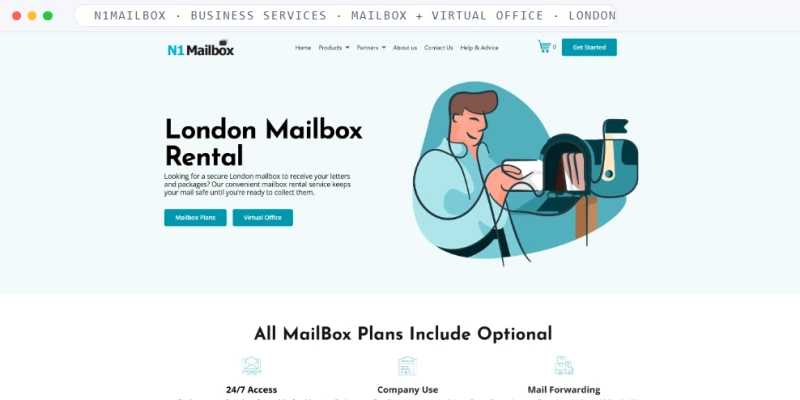 Homepage of N1Mailbox, a Business Services · Mailbox + Virtual Office · London business, shown in a browser window