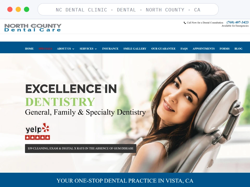 Homepage of North County Dental Care, a dental practice in Vista, CA, shown in a browser window