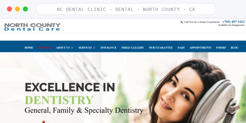 Homepage of North County Dental Care, a dental practice in Vista, CA, shown in a browser window
