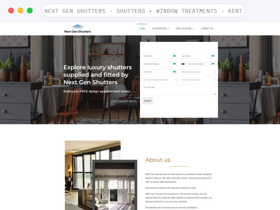Homepage of Next Gen Shutters, a Shutters + Window Treatments · Kent business, shown in a browser window