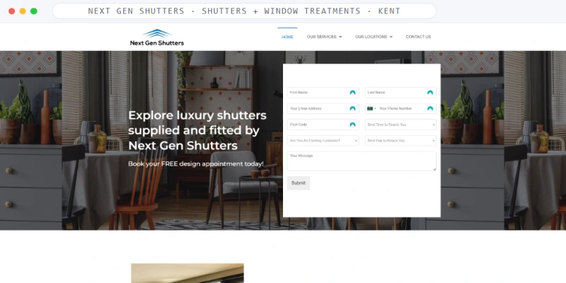 Homepage of Next Gen Shutters, a Shutters + Window Treatments · Kent business, shown in a browser window