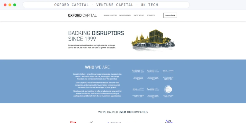 Homepage of Oxford Capital, a Venture Capital · UK Tech business, shown in a browser window