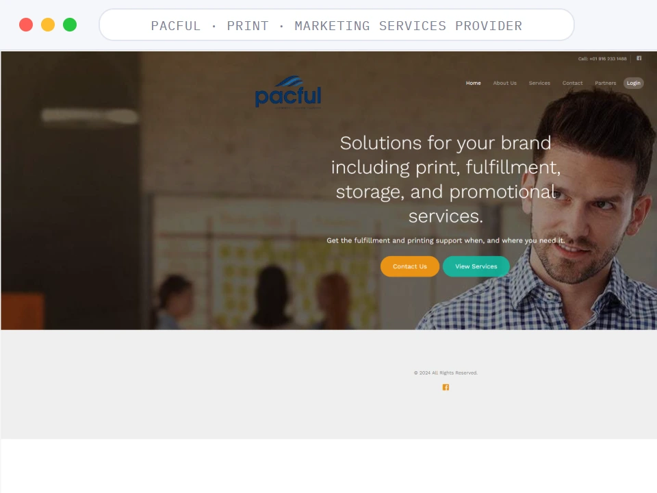 Homepage of PacFul, a Print · Marketing Services Provider business, shown in a browser window