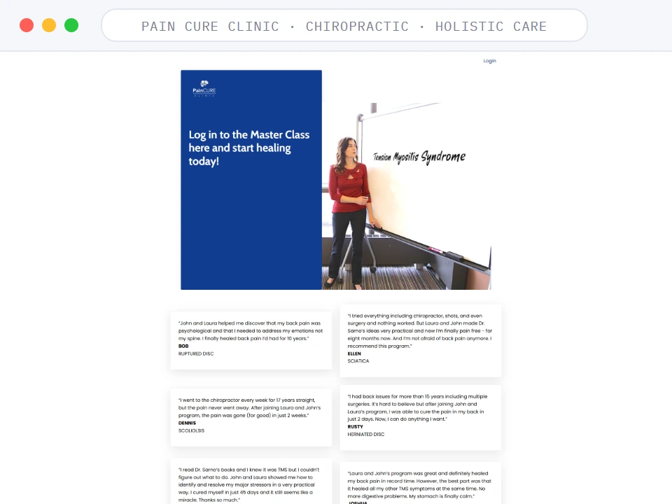 Homepage of Pain Cure Clinic, a Chiropractic · Whole-Body Care business, shown in a browser window