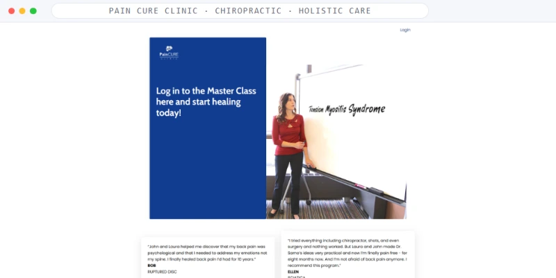 Homepage of Pain Cure Clinic, a Chiropractic · Whole-Body Care business, shown in a browser window