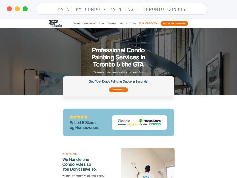 Homepage of Paint My Condo, a Painting · Toronto Condos business, shown in a browser window