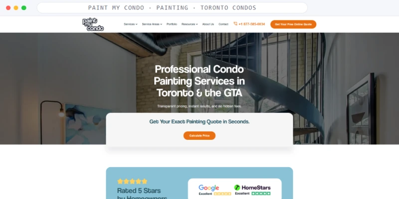 Homepage of Paint My Condo, a Painting · Toronto Condos business, shown in a browser window