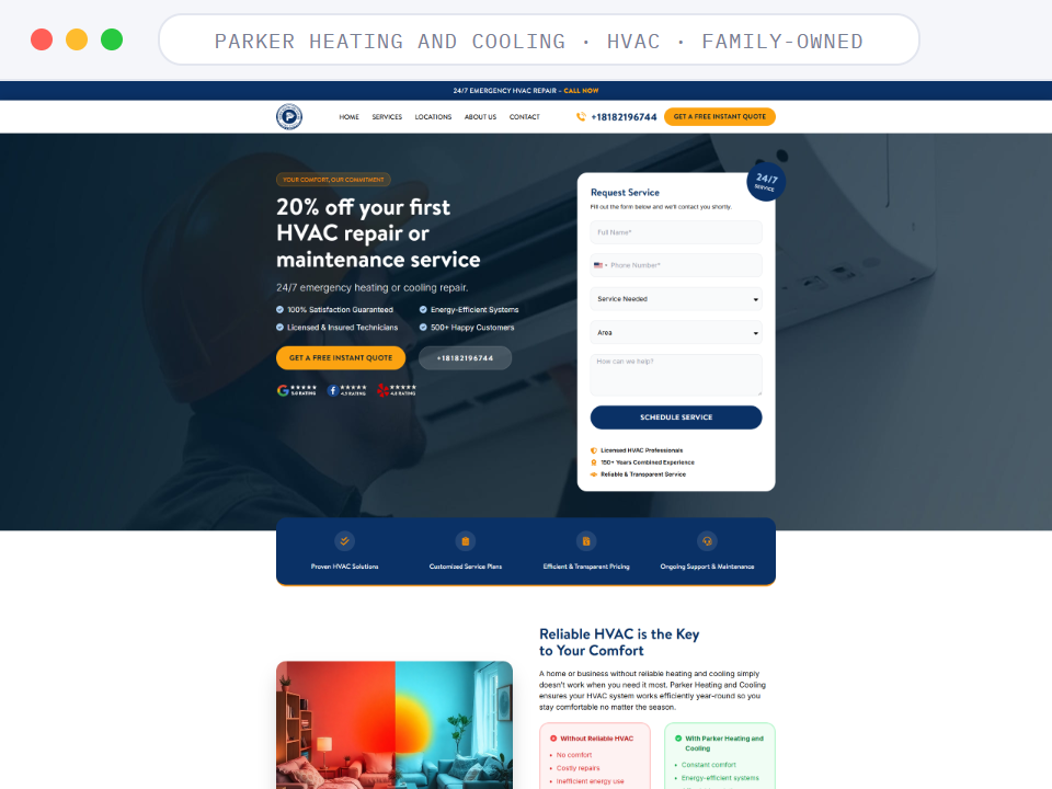 Homepage of Parker Heating and Cooling, a HVAC · Family-owned business, shown in a browser window