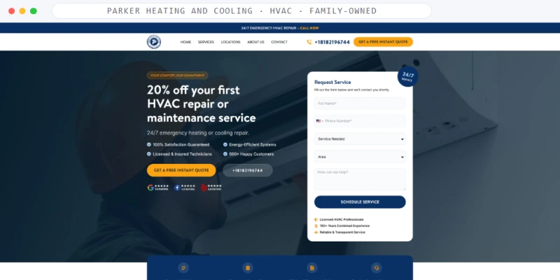 Homepage of Parker Heating and Cooling, a HVAC · Family-owned business, shown in a browser window