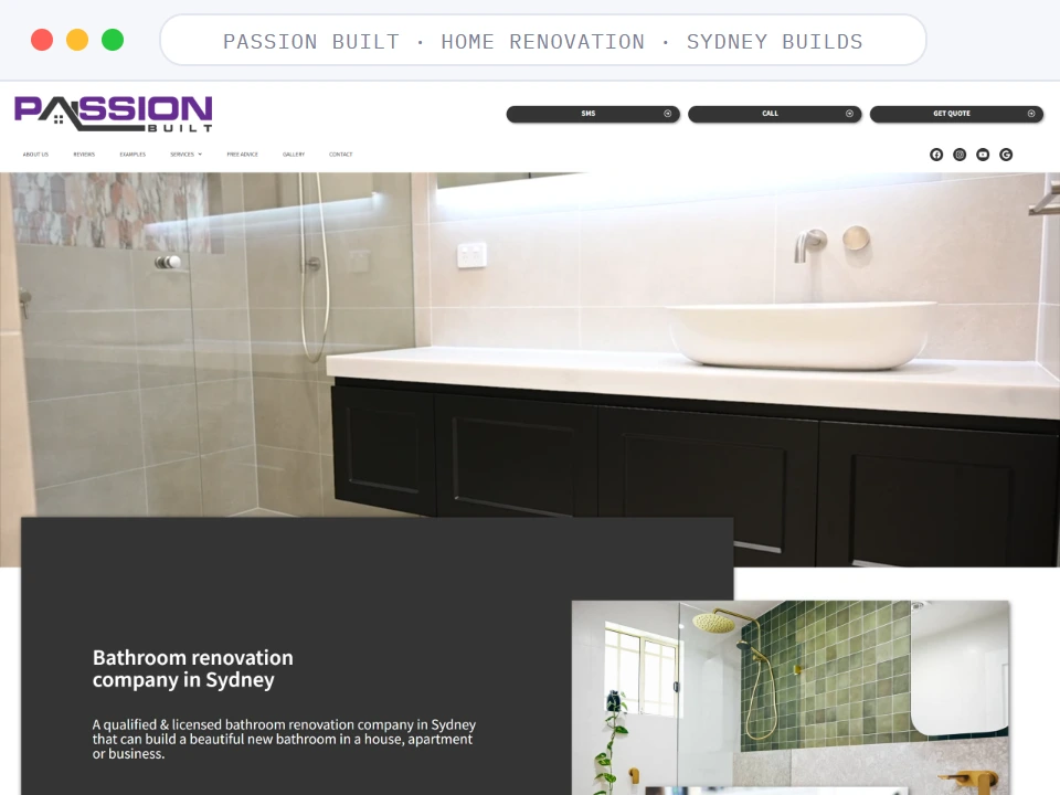 Homepage of Passion Built, a Home Renovation · Sydney Builds business, shown in a browser window