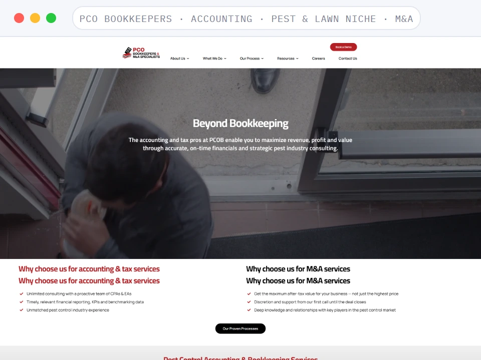 Homepage of PCO Bookkeepers, a Accounting · Pest & Lawn Niche · M&A business, shown in a browser window