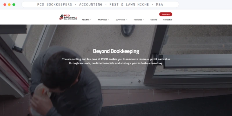 Homepage of PCO Bookkeepers, a Accounting · Pest & Lawn Niche · M&A business, shown in a browser window