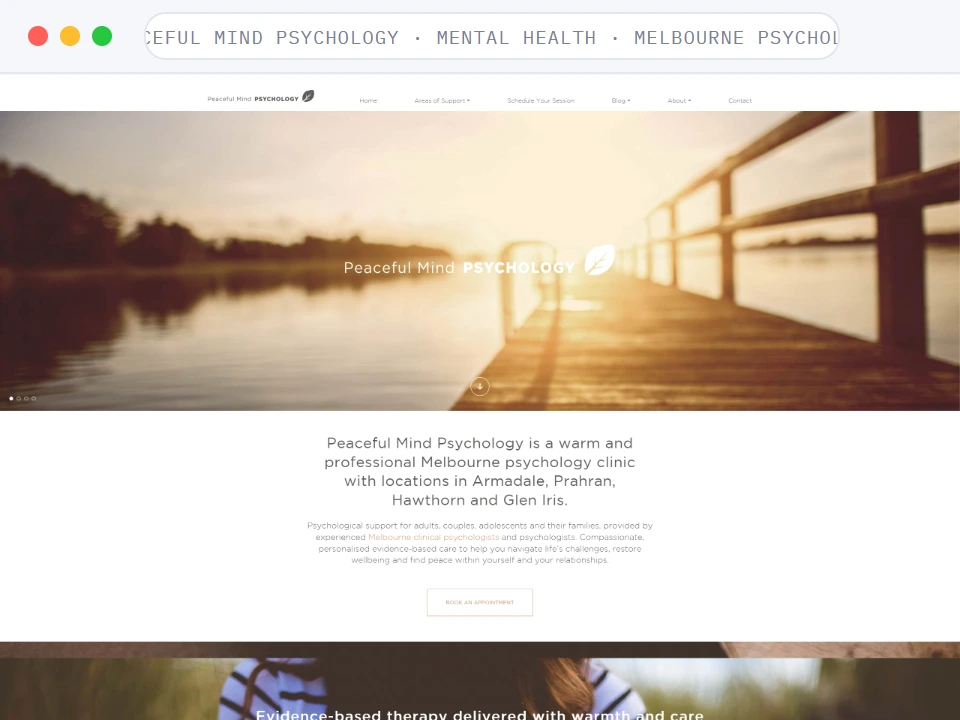 Homepage of Peaceful Mind Psychology, a Mental Health · Melbourne Psychology business, shown in a browser window