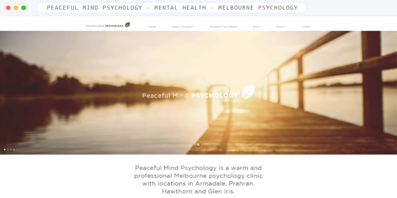 Homepage of Peaceful Mind Psychology, a Mental Health · Melbourne Psychology business, shown in a browser window