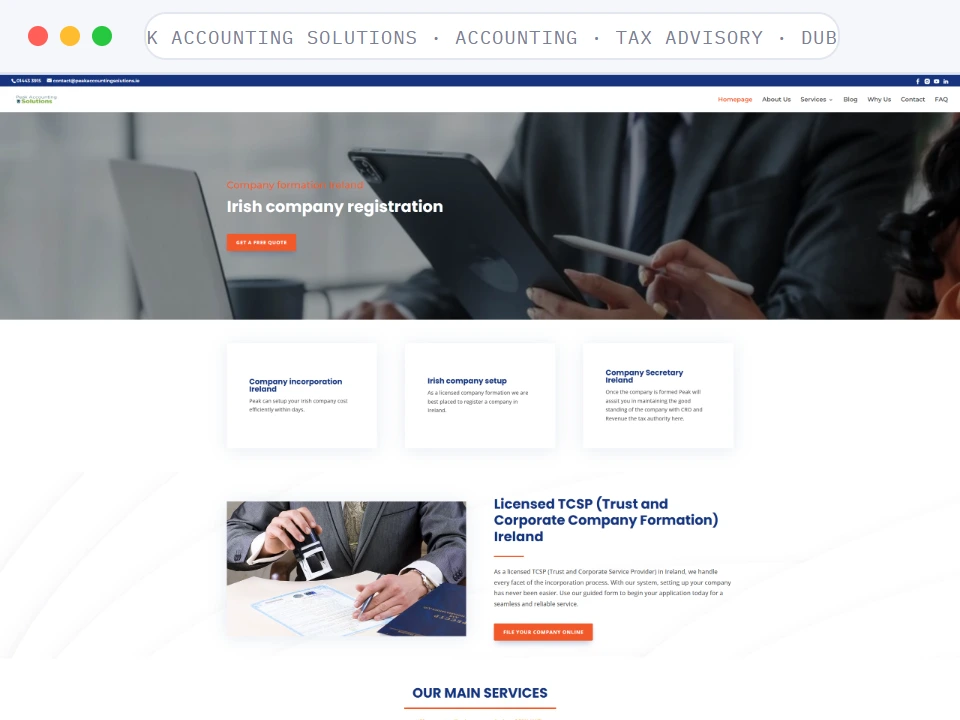 Homepage of Peak Accounting Solutions, a Accounting · Tax Advisory · Dublin business, shown in a browser window