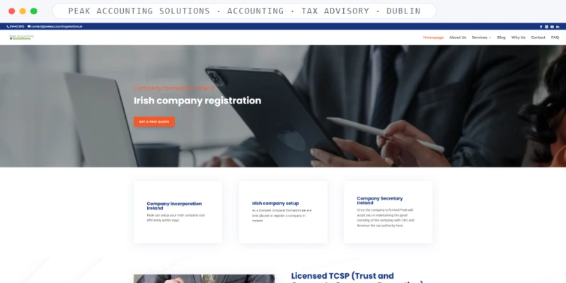 Homepage of Peak Accounting Solutions, a Accounting · Tax Advisory · Dublin business, shown in a browser window