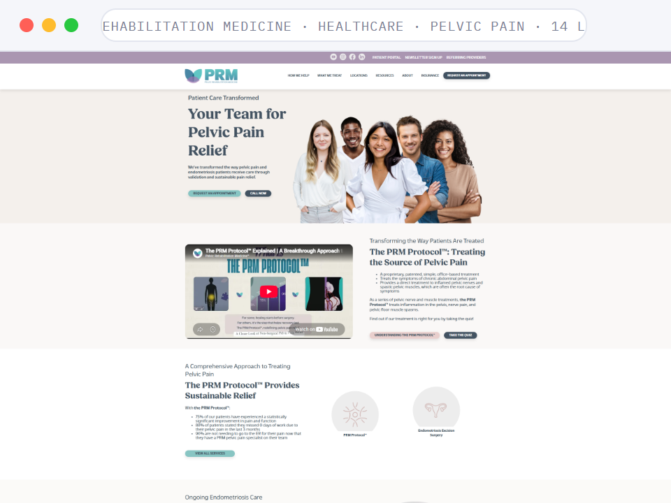Homepage of Pelvic Rehabilitation Medicine, a Healthcare · Pelvic Pain · 14 Locations business, shown in a browser window