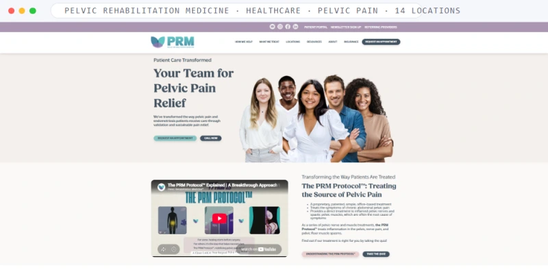 Homepage of Pelvic Rehabilitation Medicine, a Healthcare · Pelvic Pain · 14 Locations business, shown in a browser window