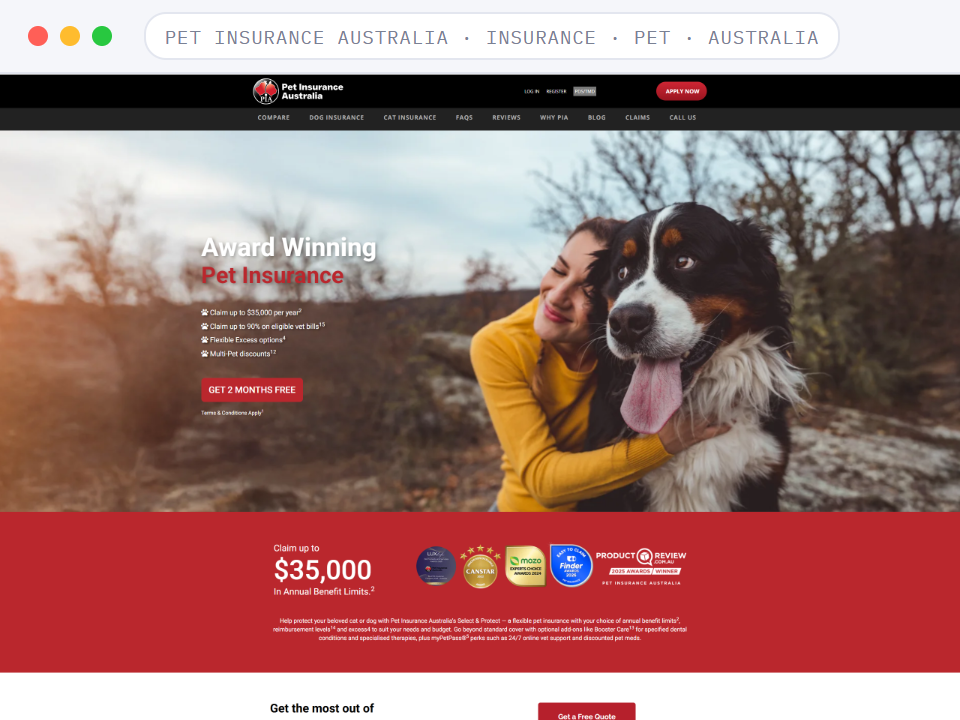 Homepage of Pet Insurance Australia, a Insurance · Pet · Australia business, shown in a browser window