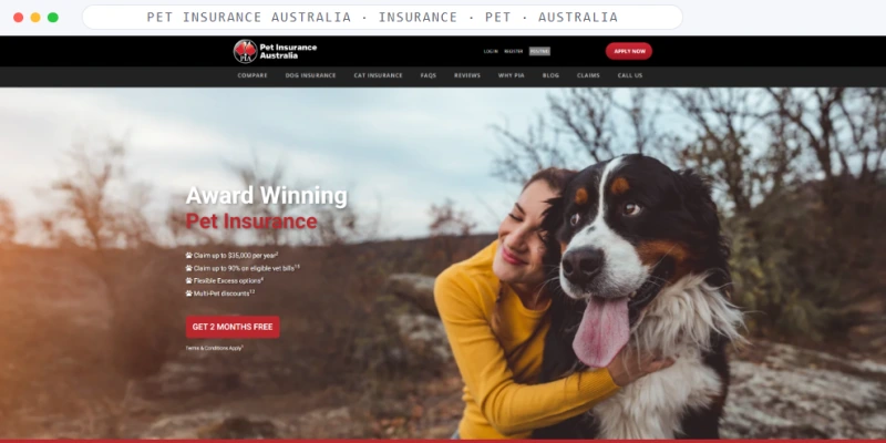 Homepage of Pet Insurance Australia, a Insurance · Pet · Australia business, shown in a browser window