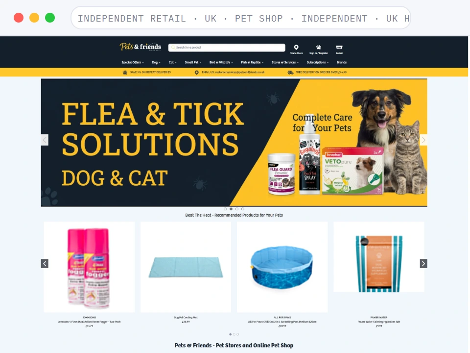 Homepage of a UK pet retail chain's online shop, shown in a browser window