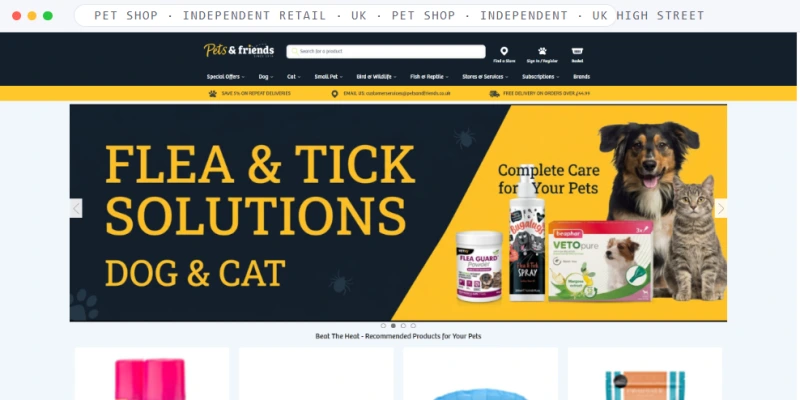 Homepage of a UK pet retail chain's online shop, shown in a browser window