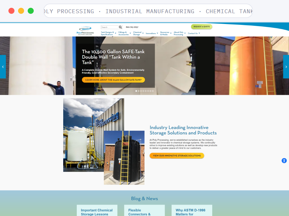 Homepage of Poly Processing, a Industrial Manufacturing · Chemical Tanks business, shown in a browser window
