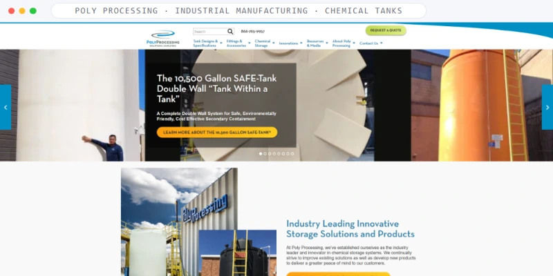 Homepage of Poly Processing, a Industrial Manufacturing · Chemical Tanks business, shown in a browser window