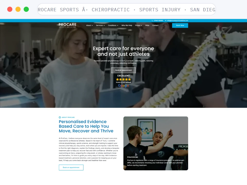 Homepage of ProCare Sports, a Physiotherapy · Sports Injury · Truro, Cornwall business, shown in a browser window