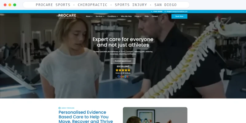 Homepage of ProCare Sports, a Physiotherapy · Sports Injury · Truro, Cornwall business, shown in a browser window