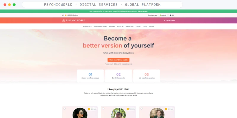 Homepage of PsychicWorld, a Digital Services · Global Platform business, shown in a browser window