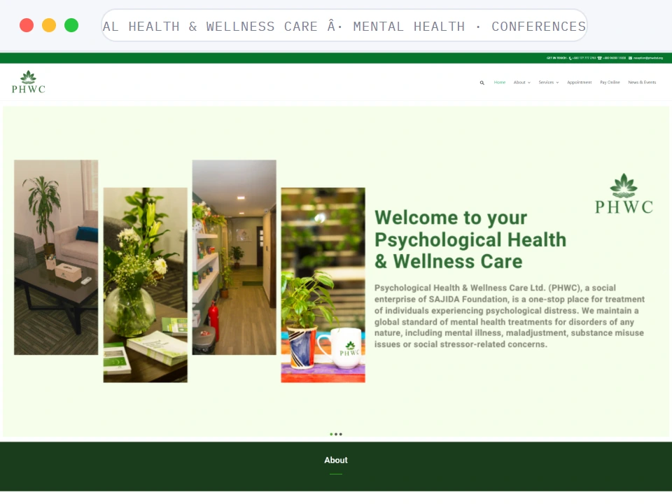 Homepage of Psychological Health & Wellness Care, a Mental Health · Clinic + Events · Bangladesh business, shown in a browser window