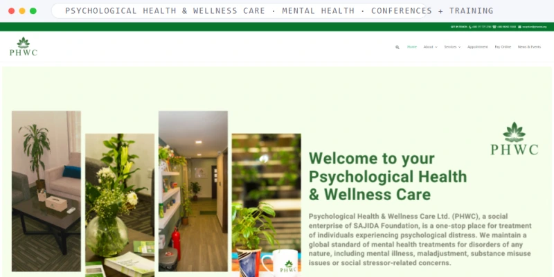 Homepage of Psychological Health & Wellness Care, a Mental Health · Clinic + Events · Bangladesh business, shown in a browser window