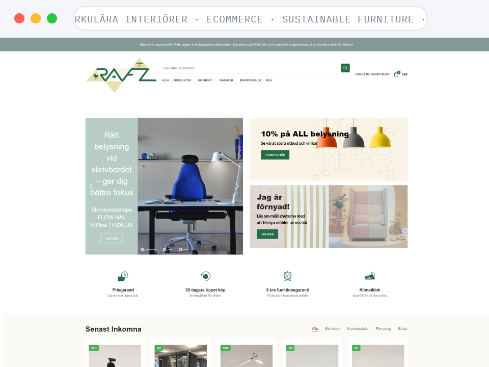 Homepage of RAFZ Cirkulära Interiörer, a Ecommerce · Sustainable Furniture · Sweden business, shown in a browser window