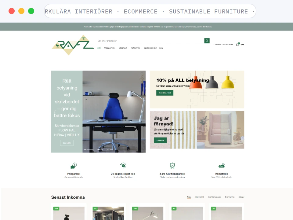 Homepage of RAFZ Cirkulära Interiörer, a Ecommerce · Sustainable Furniture · Sweden business, shown in a browser window