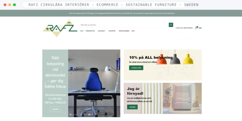 Homepage of RAFZ Cirkulära Interiörer, a Ecommerce · Sustainable Furniture · Sweden business, shown in a browser window