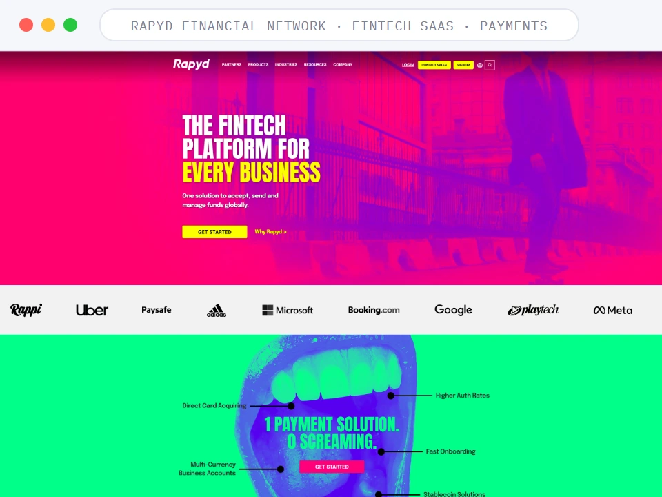 Homepage of Rapyd Financial Network, a Fintech SaaS · Payments business, shown in a browser window