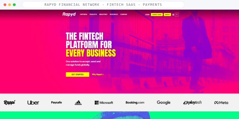 Homepage of Rapyd Financial Network, a Fintech SaaS · Payments business, shown in a browser window