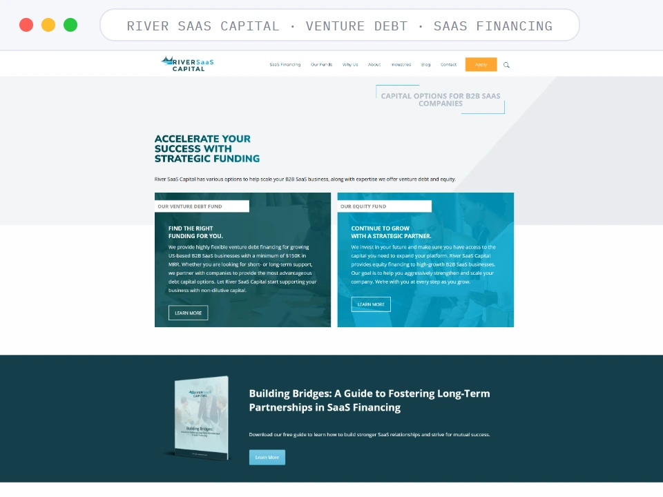Homepage of River SaaS Capital, a Venture Debt · SaaS Financing business, shown in a browser window