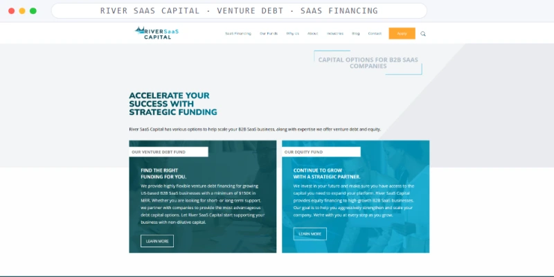 Homepage of River SaaS Capital, a Venture Debt · SaaS Financing business, shown in a browser window