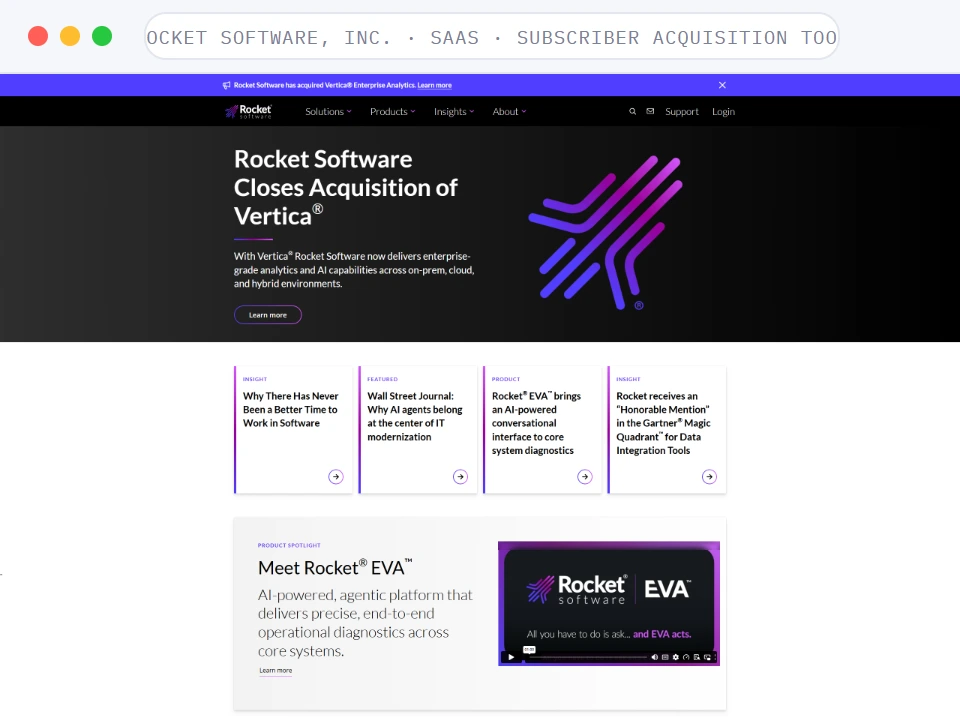Homepage of Rocket Software, Inc., a SaaS · Subscriber Acquisition Tool business, shown in a browser window
