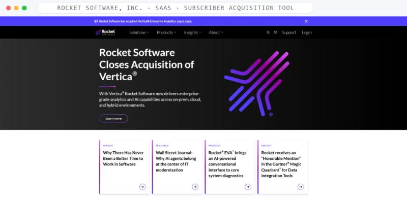 Homepage of Rocket Software, Inc., a SaaS · Subscriber Acquisition Tool business, shown in a browser window