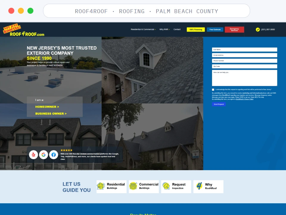 Homepage of Roof4Roof, a Roofing · New Jersey business, shown in a browser window