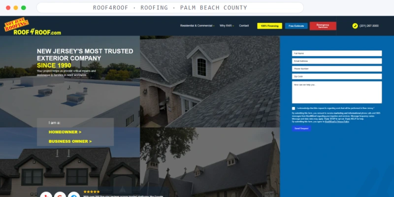Homepage of Roof4Roof, a Roofing · New Jersey business, shown in a browser window