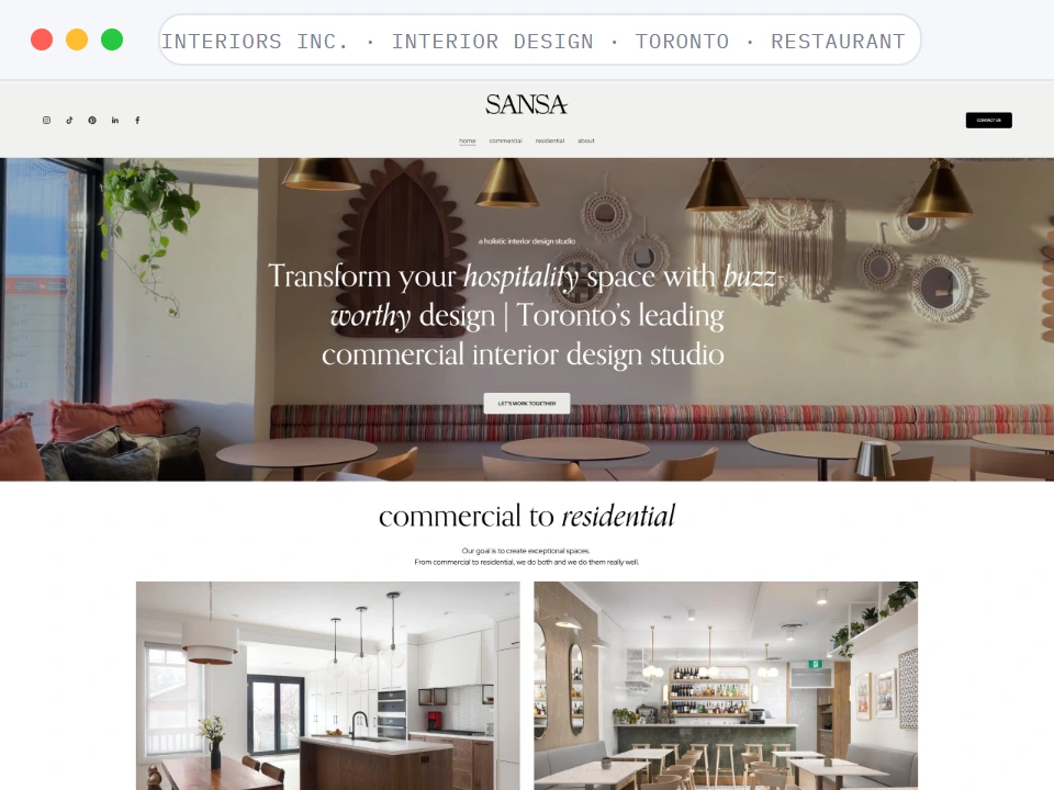 Homepage of Sansa Interiors Inc., a Interior Design · Toronto · Restaurant + Cafe business, shown in a browser window