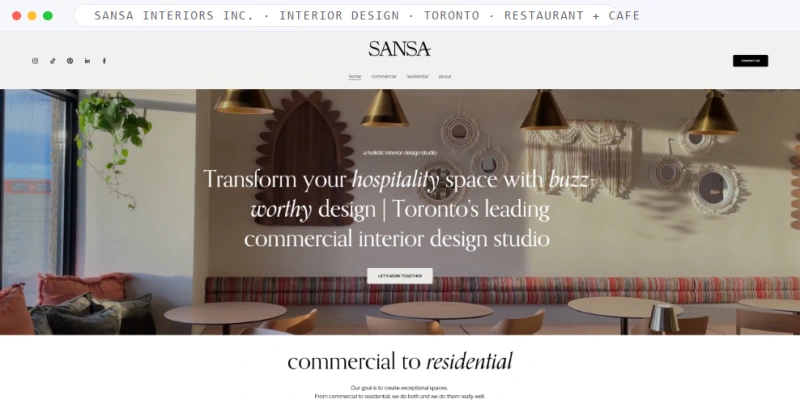 Homepage of Sansa Interiors Inc., a Interior Design · Toronto · Restaurant + Cafe business, shown in a browser window